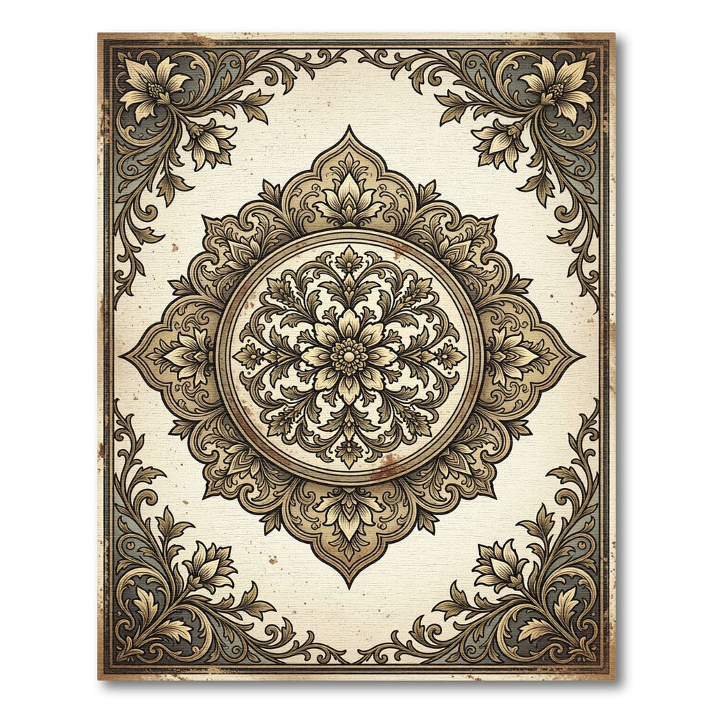 Vintage Sepia Floral Medallion Scroll Rug