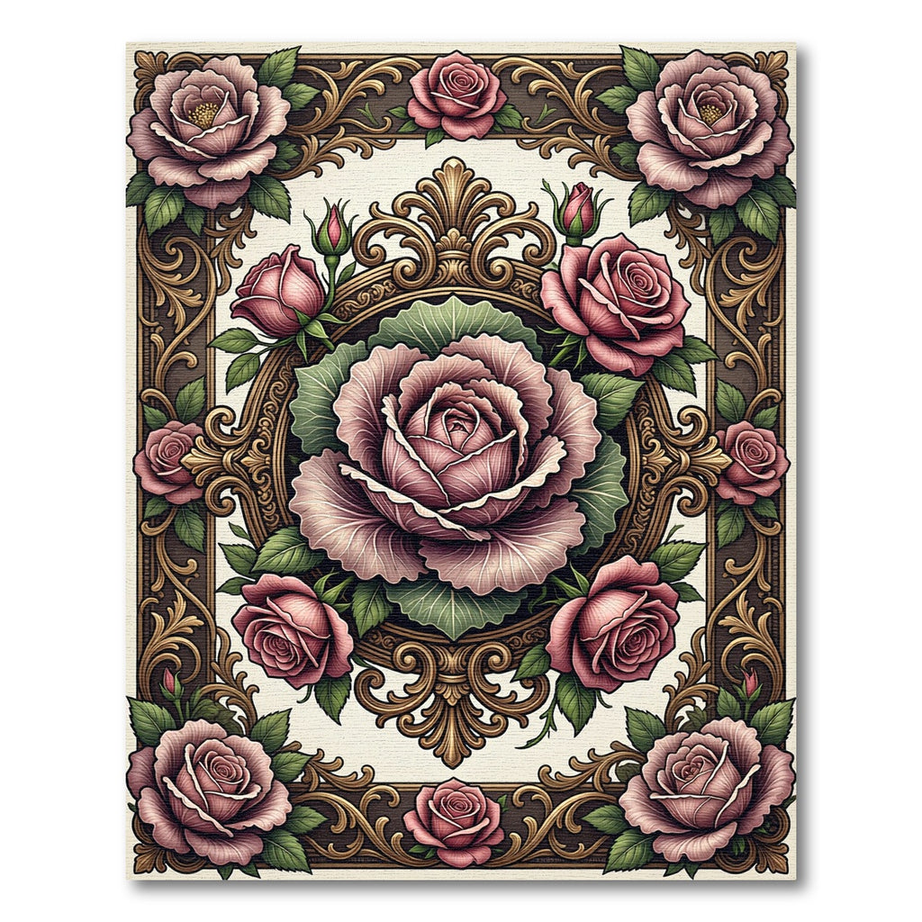Ornate Pink Roses Floral Frame Rug