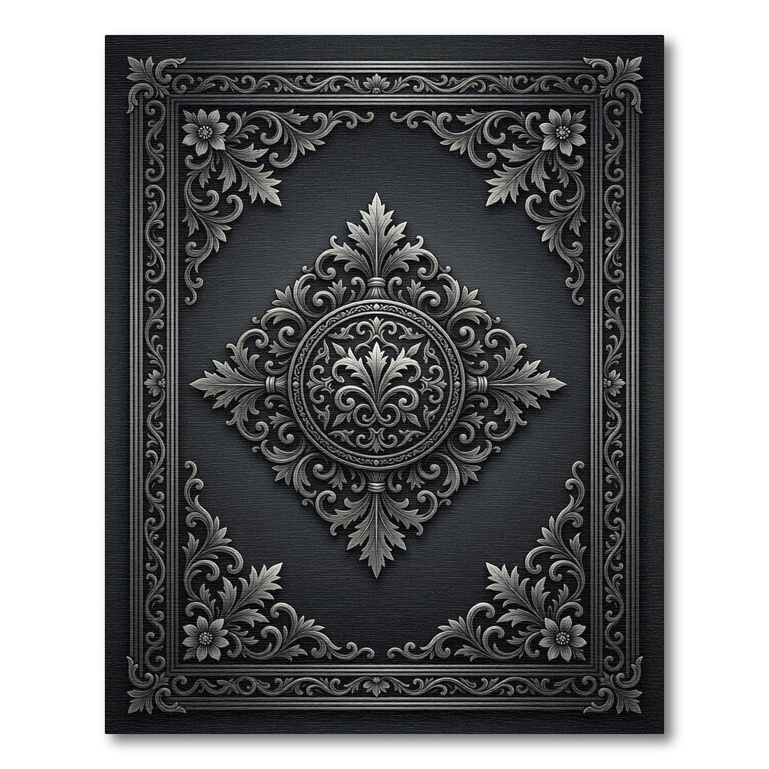 Dark Gray Ornate Floral Medallion Rug