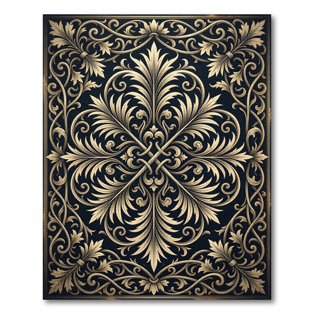 Elegant Gold Damask Scroll Black Tapestry Rug