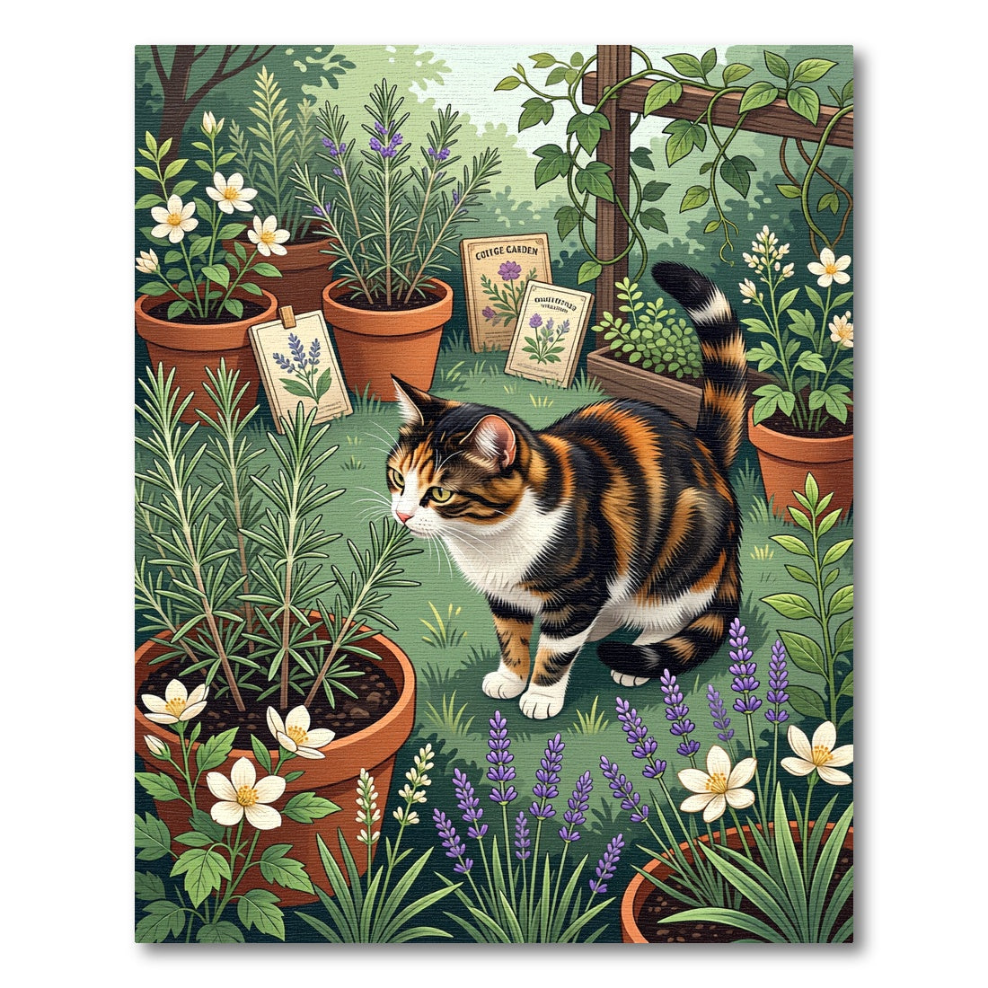 Whimsical Calico Cat Cottage Garden Rug