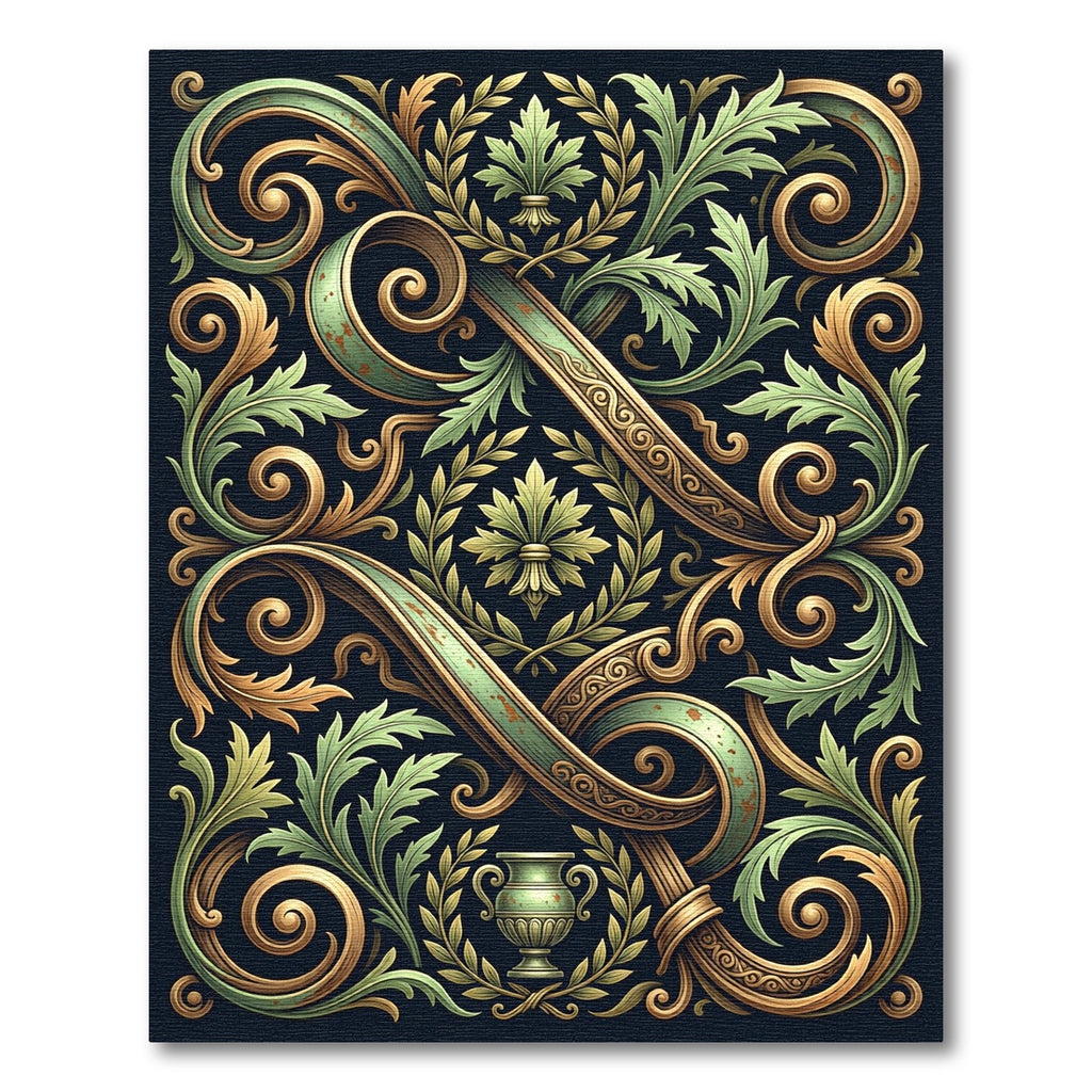 Ornate Green Gold Foliage Scroll Rug