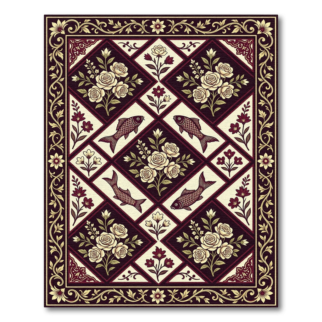 Crimson Cream Floral Fish Medallion Rug