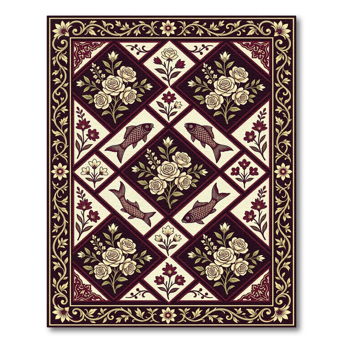 Crimson Cream Floral Fish Medallion Rug
