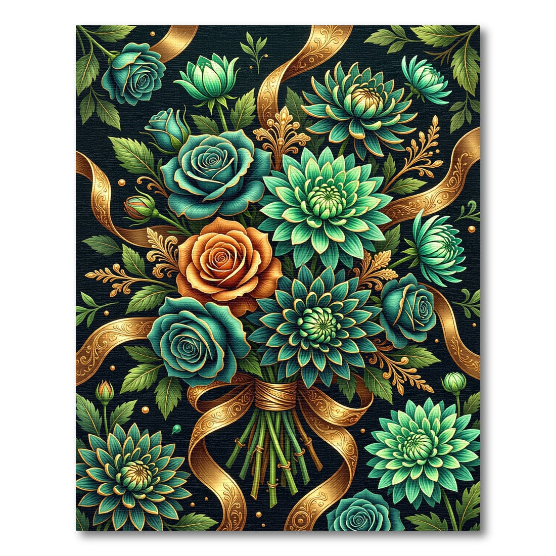 Teal Rose and Green Chrysanthemum Bouquet Rug
