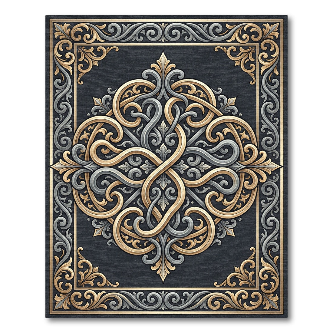 Ornate Gold and Silver Scroll Medallion Rug