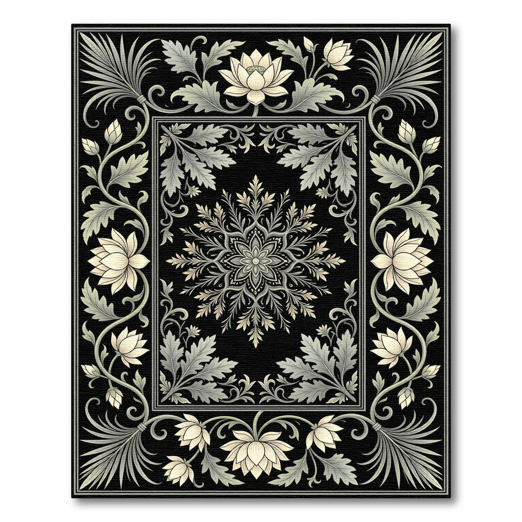 Cream Floral Scroll Border With Black Background Rug