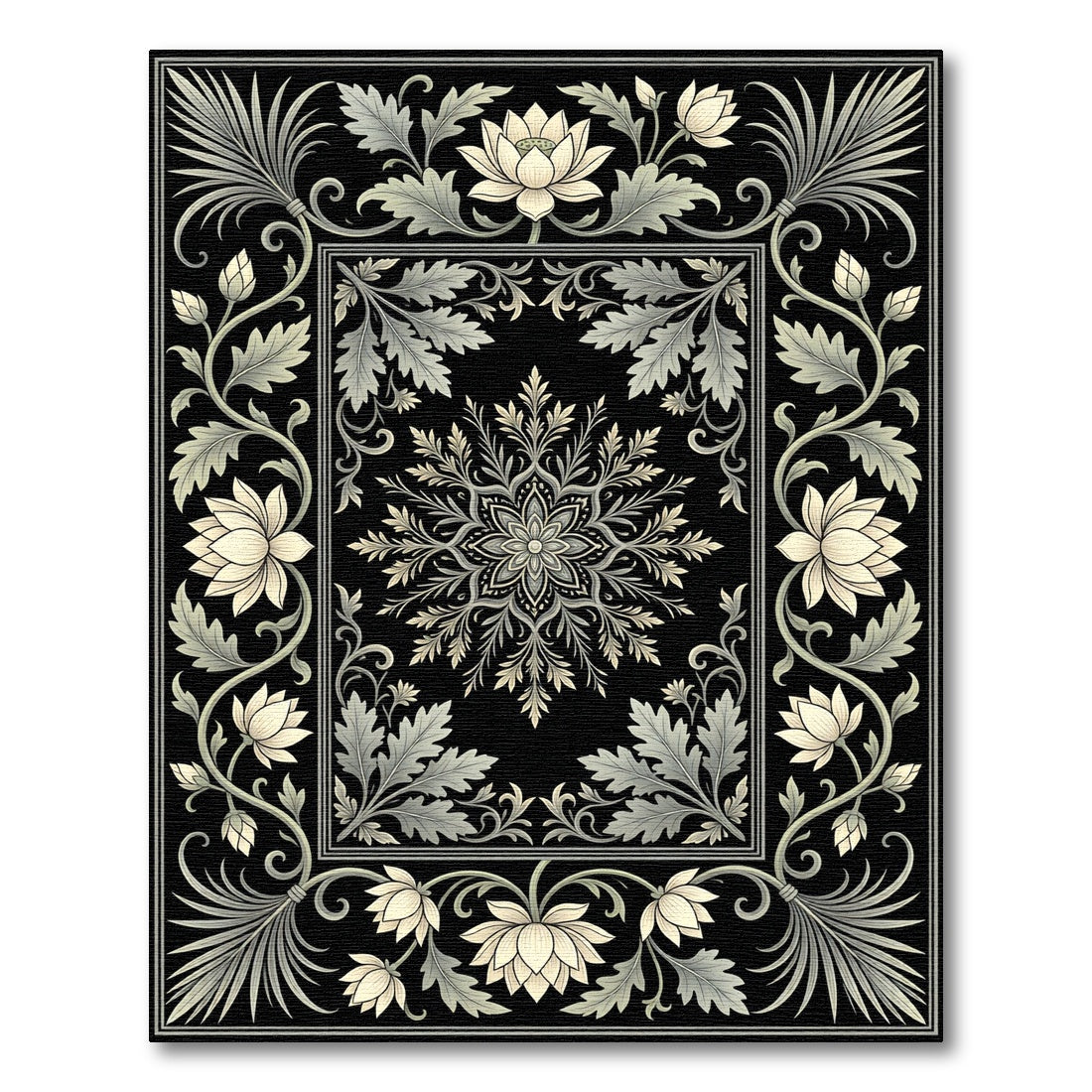 Cream Floral Scroll Border With Black Background Rug