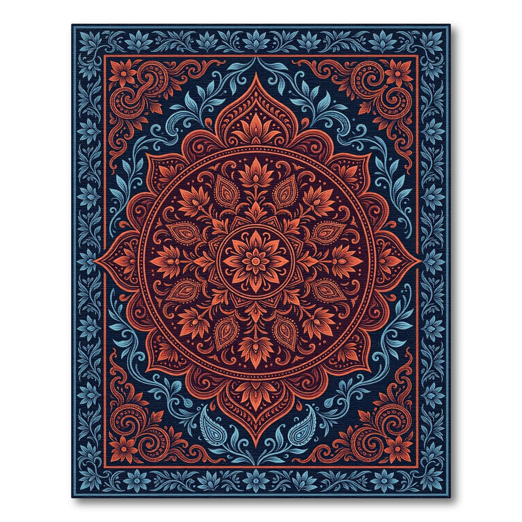 Crimson Blue Floral Medallion Border Rug