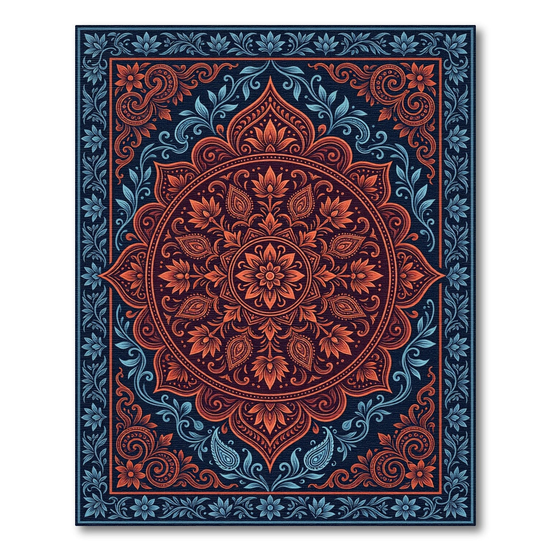 Crimson Blue Floral Medallion Border Rug