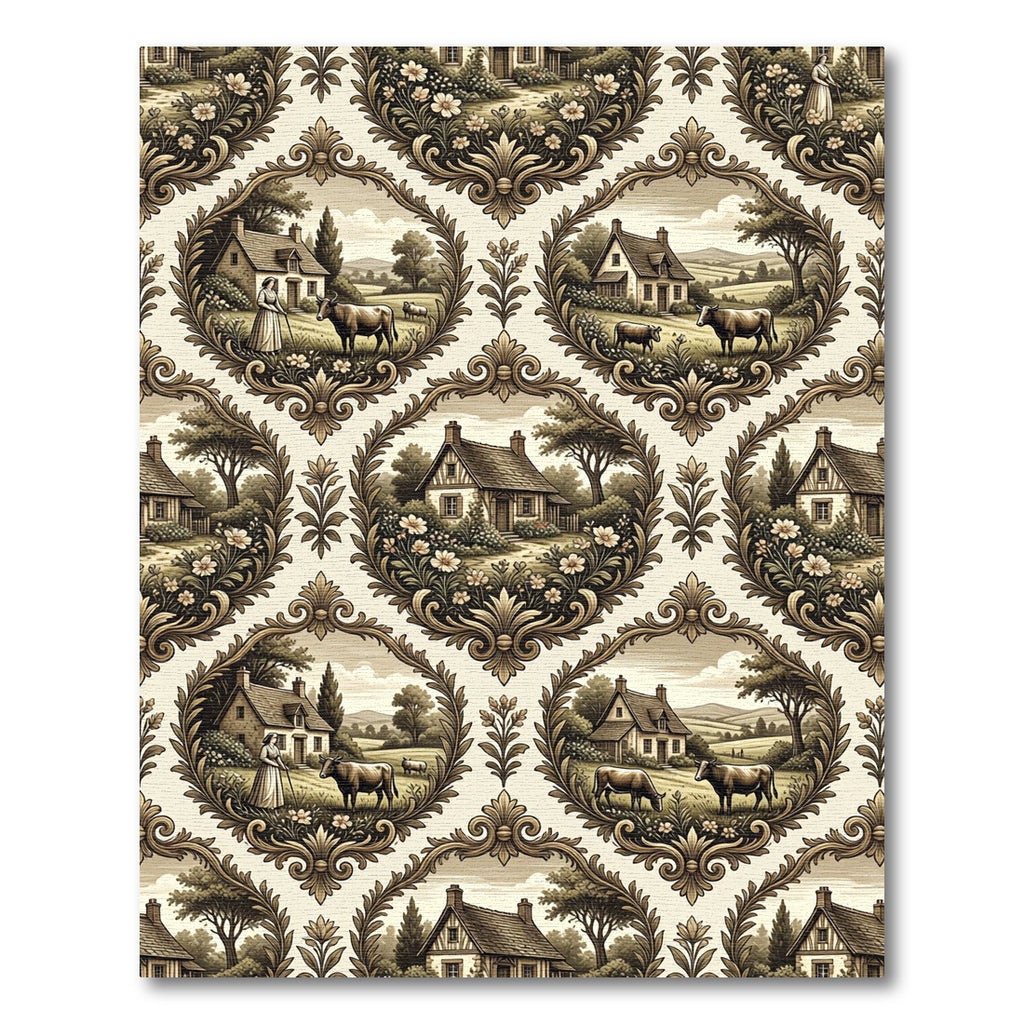 Vintage Farmhouse Scene Oval Scroll Rug