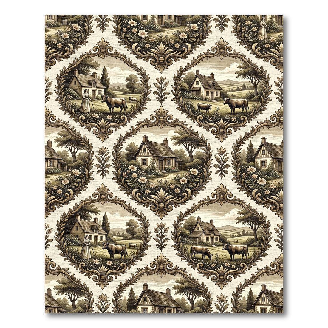 Vintage Farmhouse Scene Oval Scroll Rug