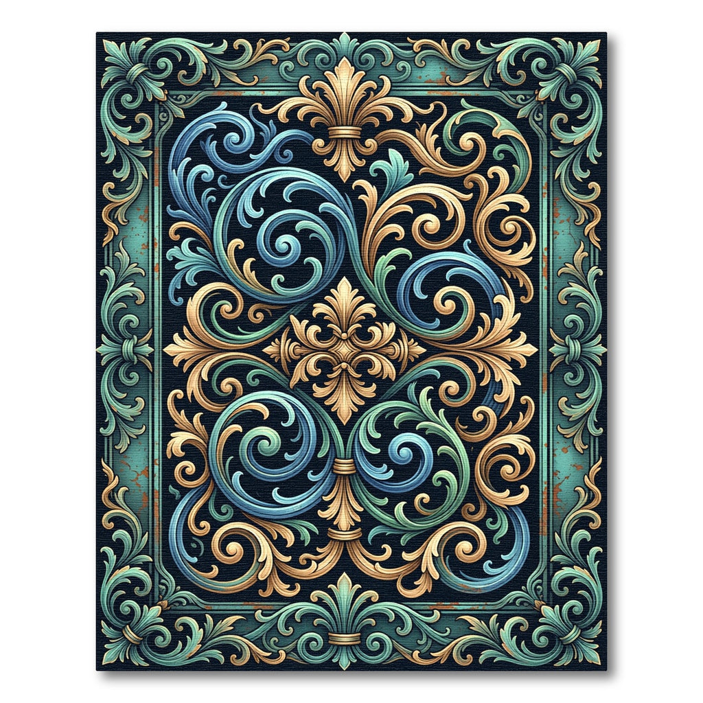 Ornate Teal Gold Flourish Scroll Rug