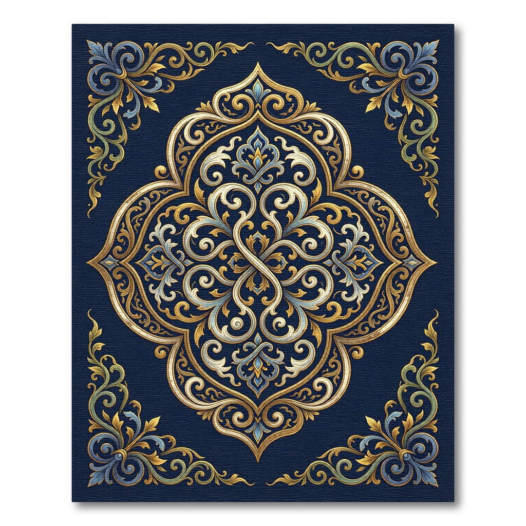 Elegant Gold Filigree Navy Medallion Rug