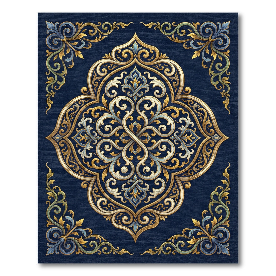 Elegant Gold Filigree Navy Medallion Rug