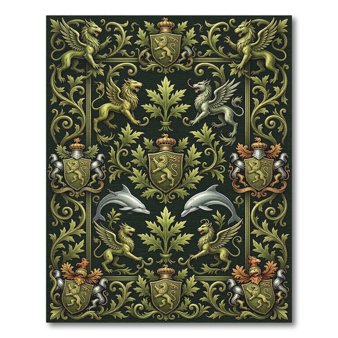 Ornate Green Griffins Shields Dolphins Rug