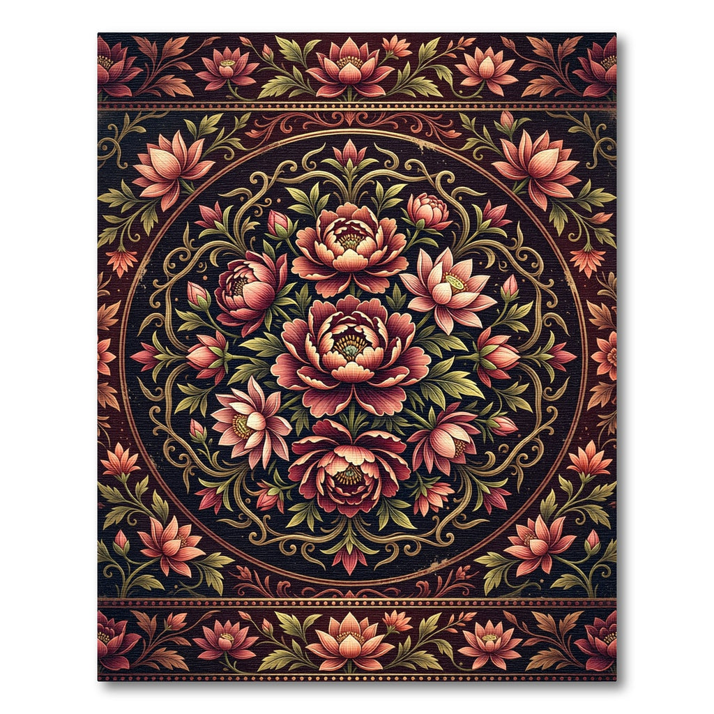 Ornate Crimson Lotus Floral Medallion Rug