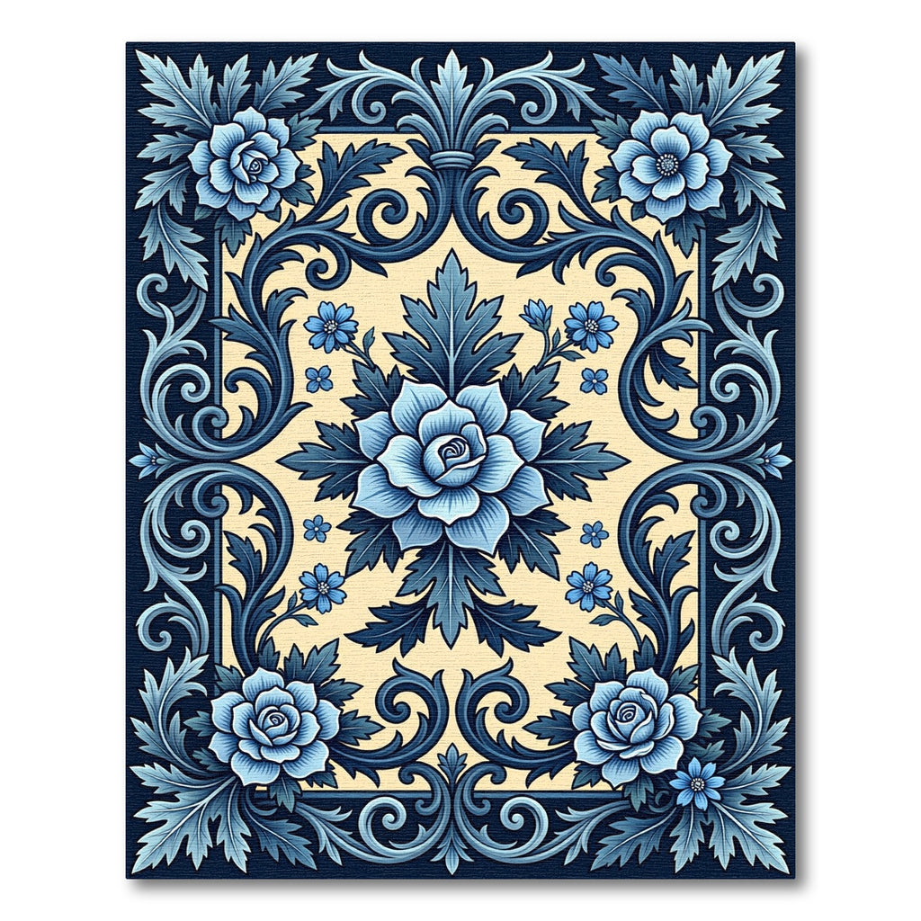 Blue Damask Floral Scroll Area Rug