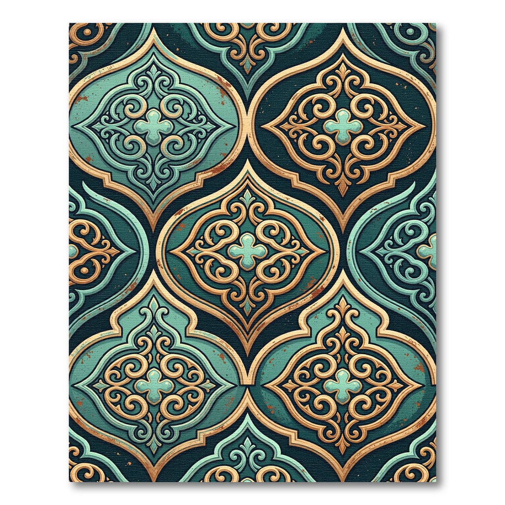 Ornate Teal Gold Arabesque Tile Rug