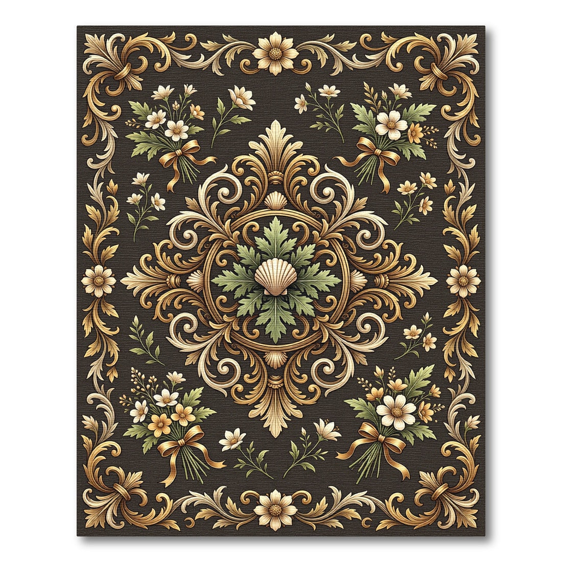 Ornate Gold Floral Acanthus Scroll Rug