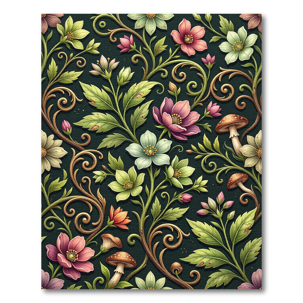 Dark Botanical Floral and Mushroom Scroll Rug
