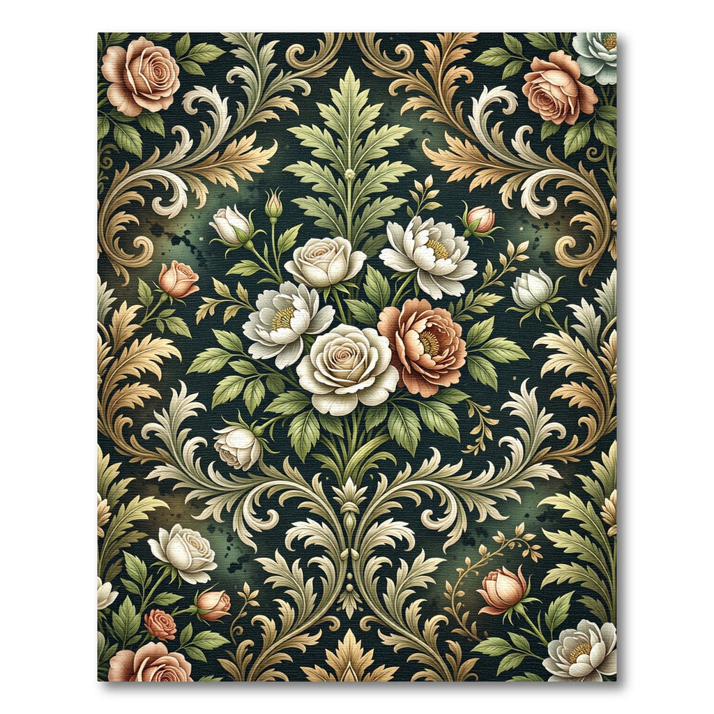 Victorian Rose Damask Floral Scroll Rug