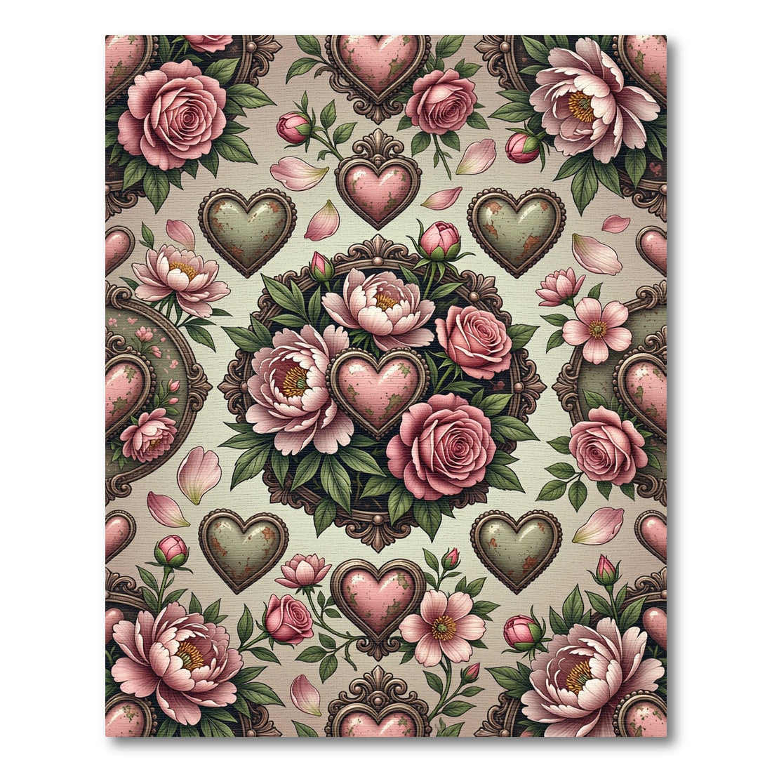 Vintage Rose Pink Heart Floral Medallion Rug