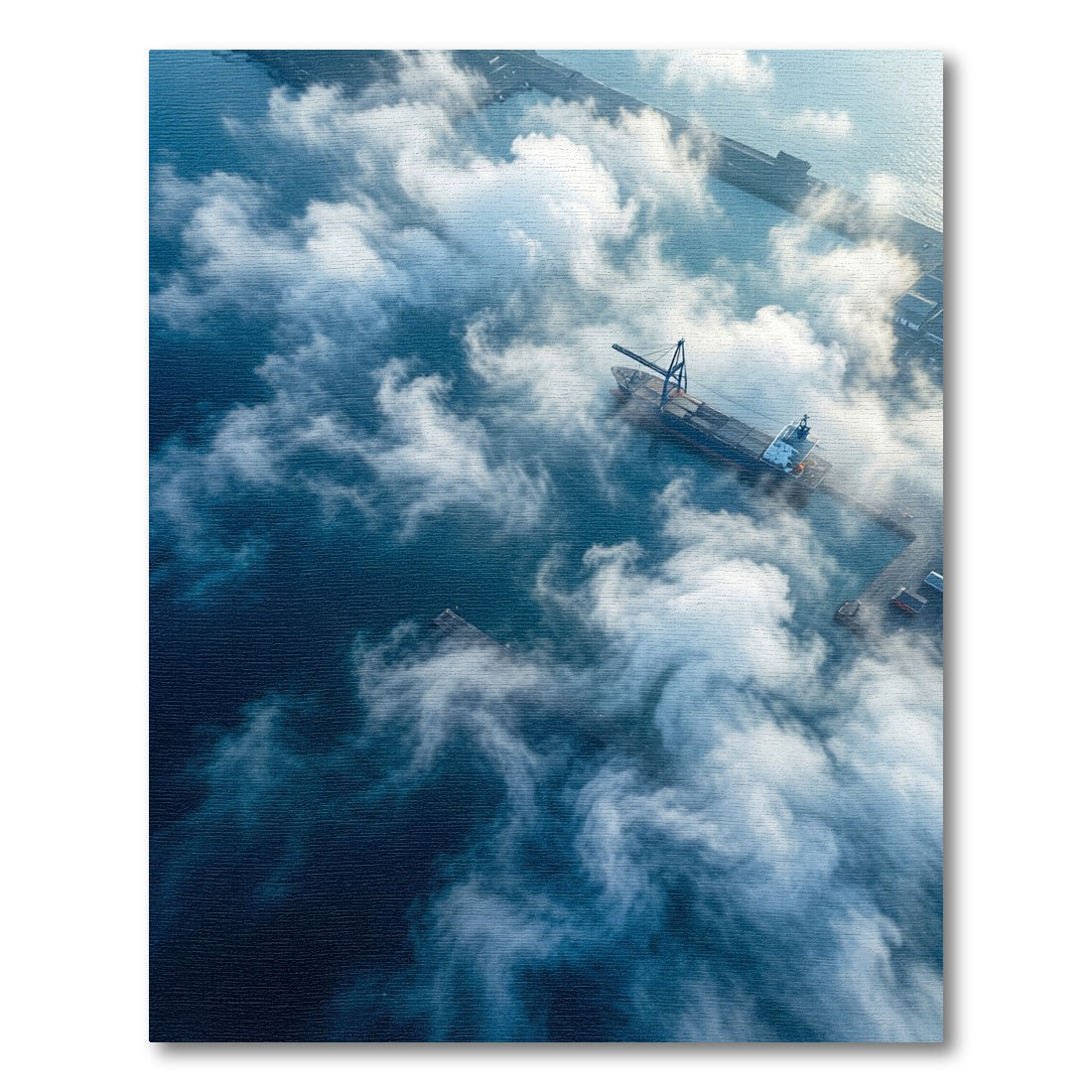 Ethereal Blue Clouds Over Maritime Port Rug