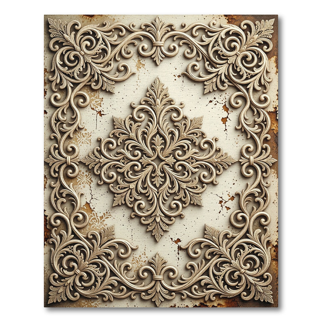 Ornate Ivory Filigree Damask Scroll Rug