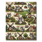 Whimsical Farmhouse Mouse and Windmill Illustration Rug