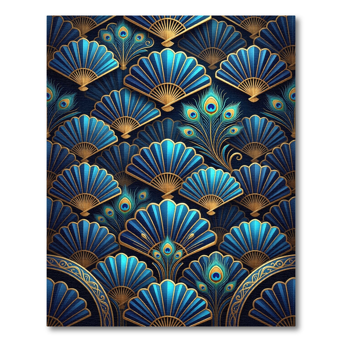 Blue Gold Peacock Feather Fan Rug