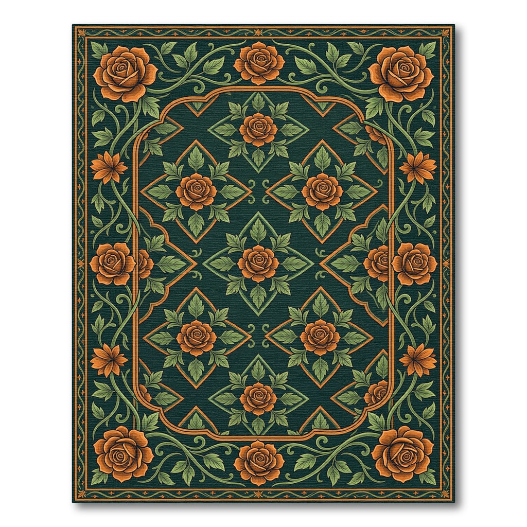 Ornate Amber Rose Garden Scroll Rug