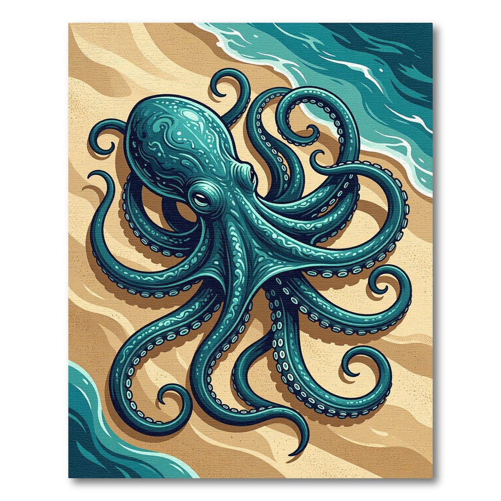 Deep Teal Coastal Octopus Shore Artwork Rug