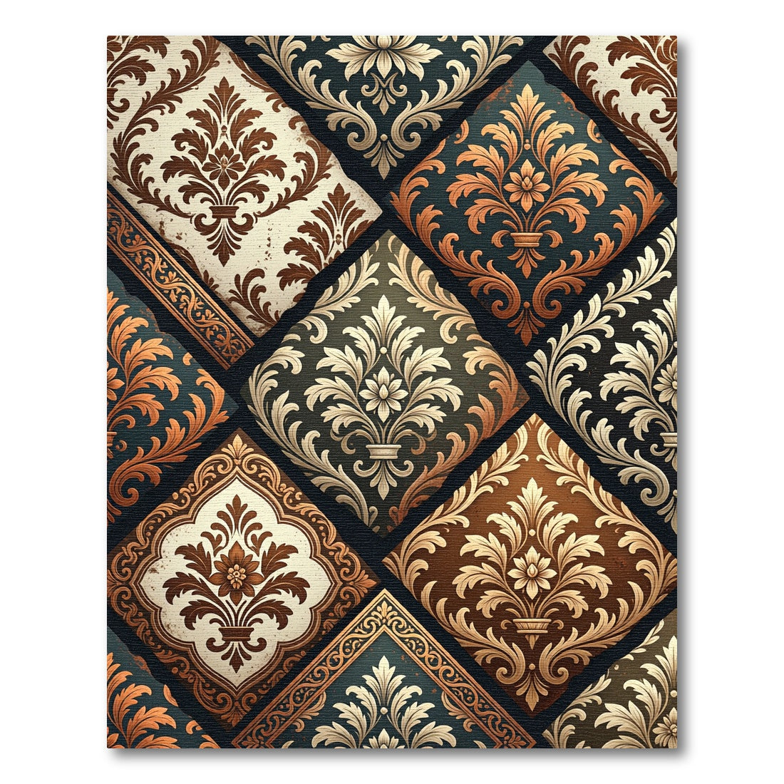Elegant Damask Diamond Multi-Tone Tile Rug