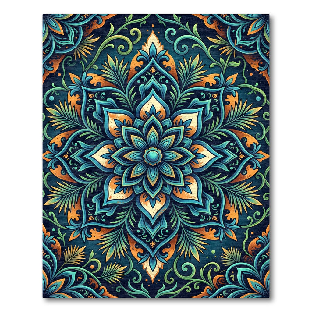 Teal and Amber Lotus Flower Medallion Rug