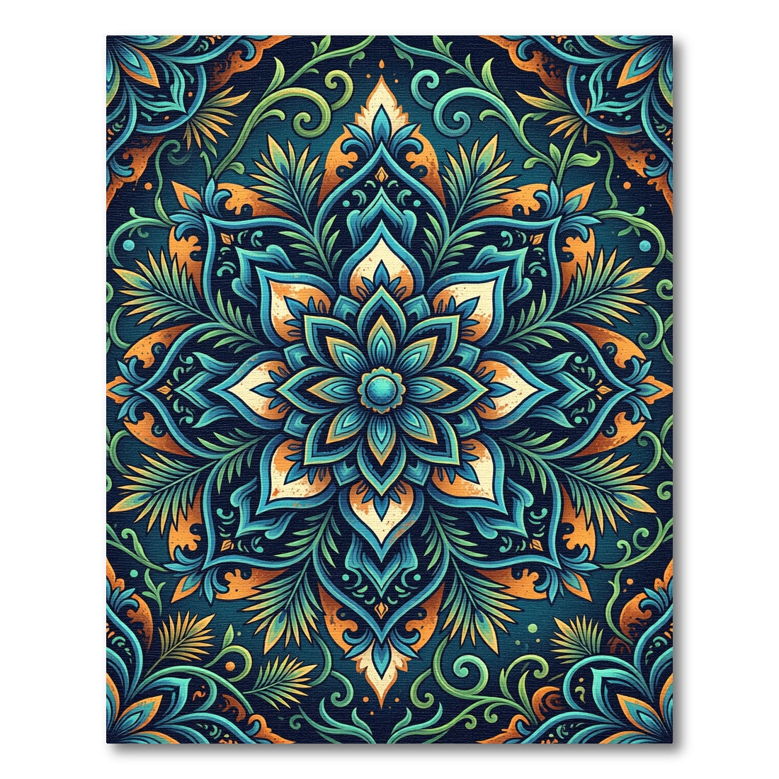Teal and Amber Lotus Flower Medallion Rug
