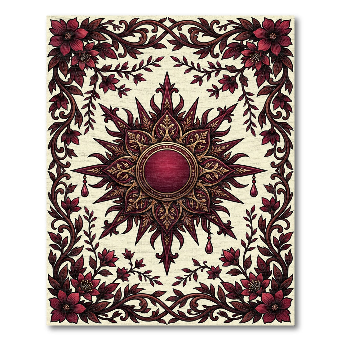 Ornate Crimson Floral Sun Medallion Rug