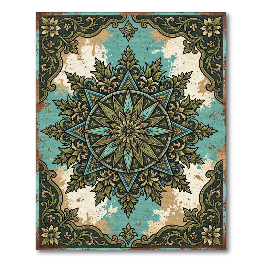 Vintage Teal Green Ornate Sunburst Rug
