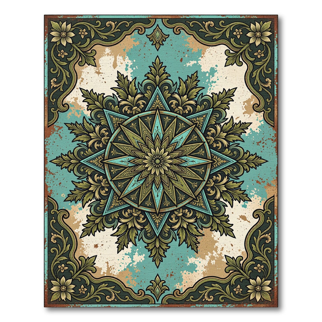 Vintage Teal Green Ornate Sunburst Rug