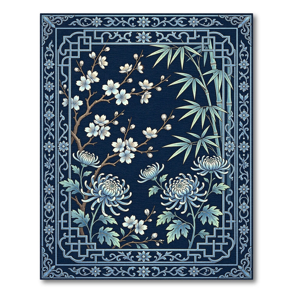 Chinoiserie Blue Botanical Bamboo Plum Blossom Rug