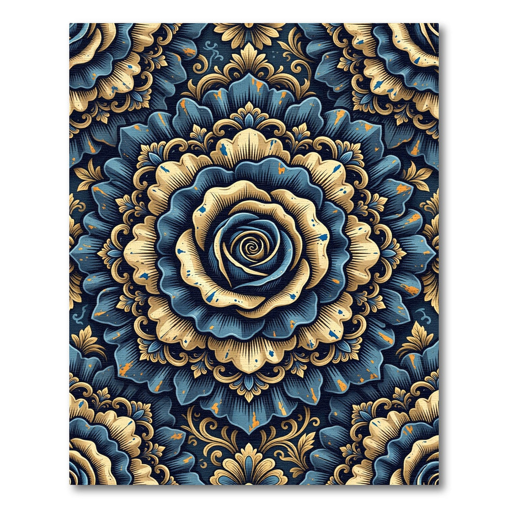 Ornate Blue and Gold Floral Mandala Rug