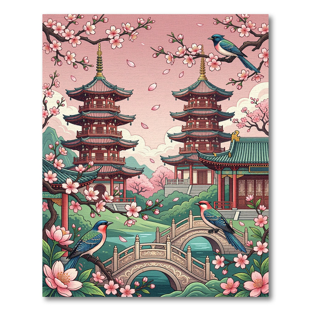 Pink Cherry Blossom Pagoda Birds Bridge Rug
