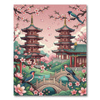 Pink Cherry Blossom Pagoda Birds Bridge Rug