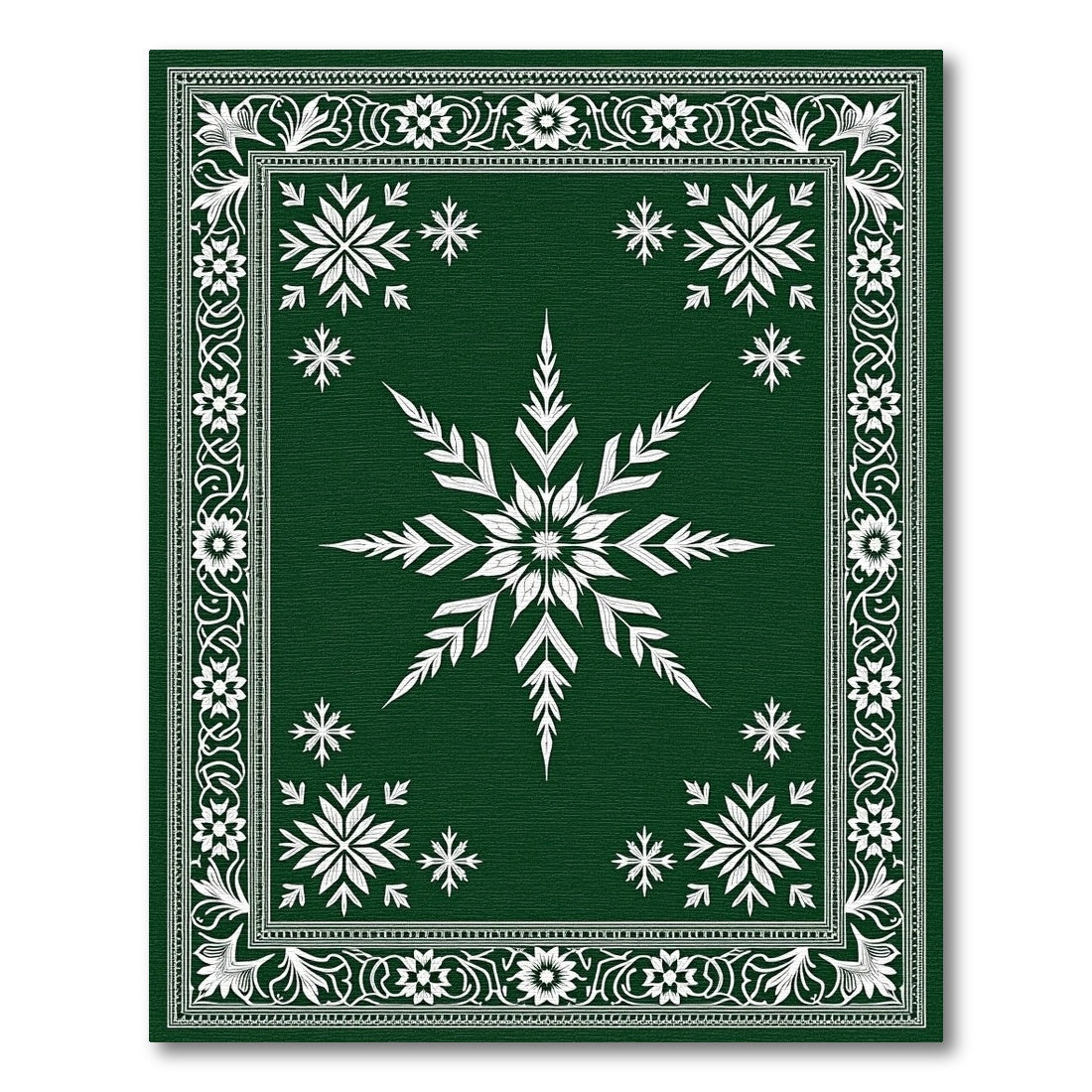 Deep Green Snowflakes Floral Border Rug
