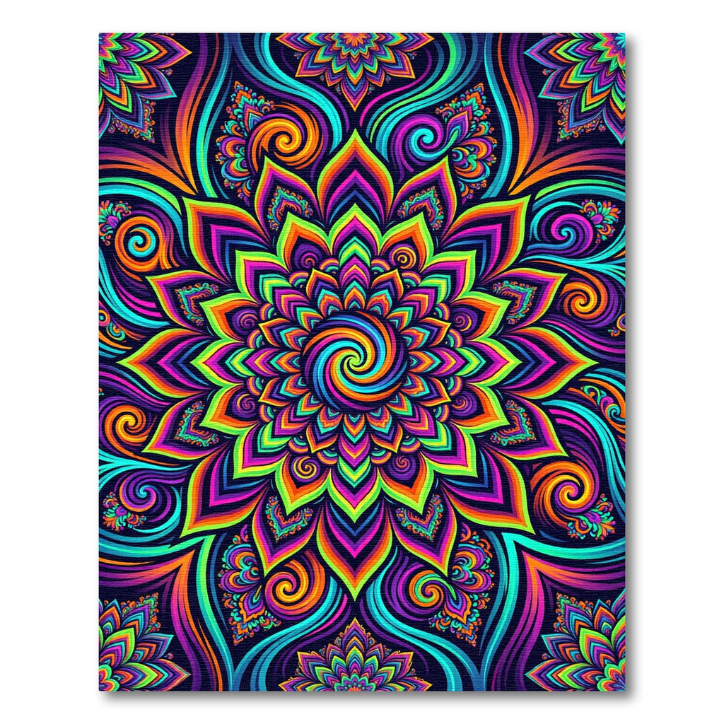 Vibrant Neon Psychedelic Fractal Floral Swirl Rug
