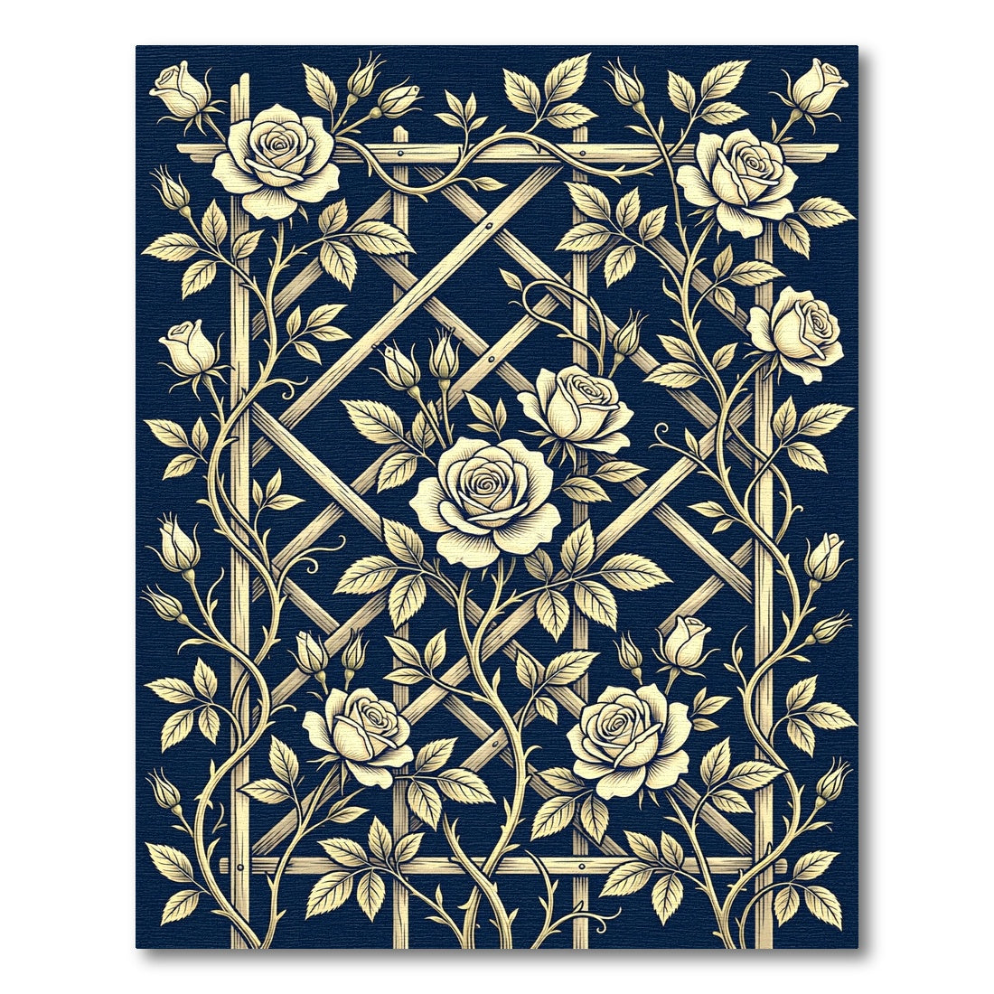 Cream Roses Trellis Navy Rug