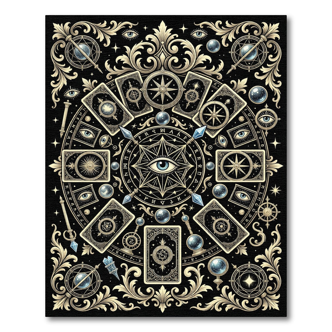 Mystical Celestial Tarot Eye Black Gold Rug