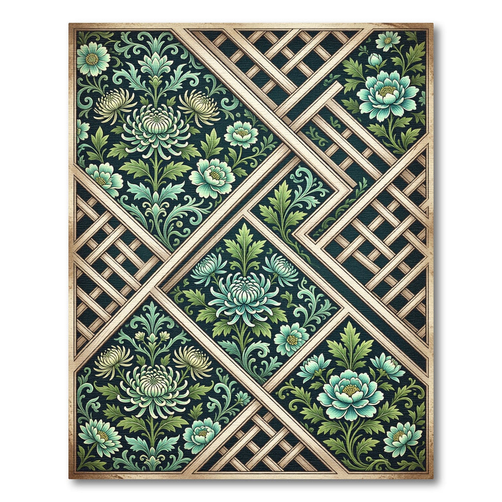 Teal Lattice Chrysanthemum Floral Trellis Rug