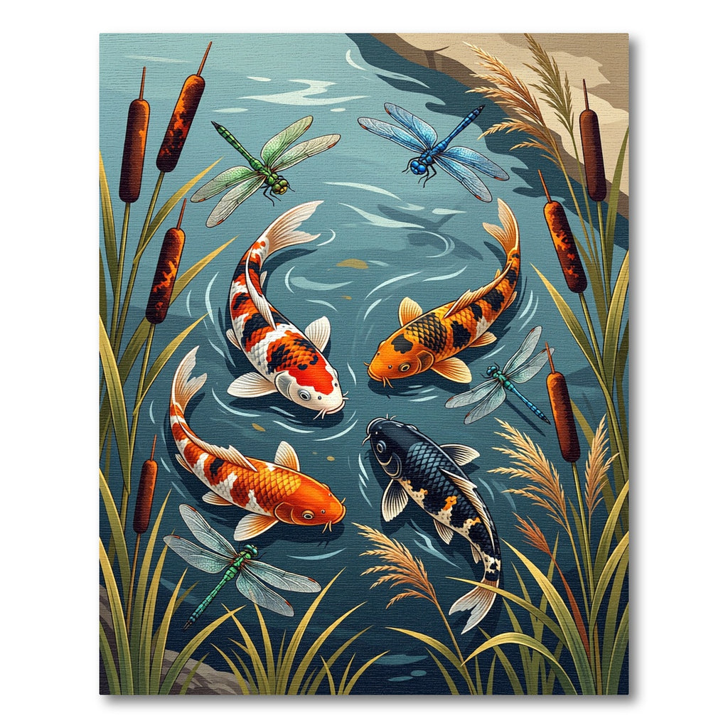 Vibrant Koi Pond and Dragonfly Scene Rug