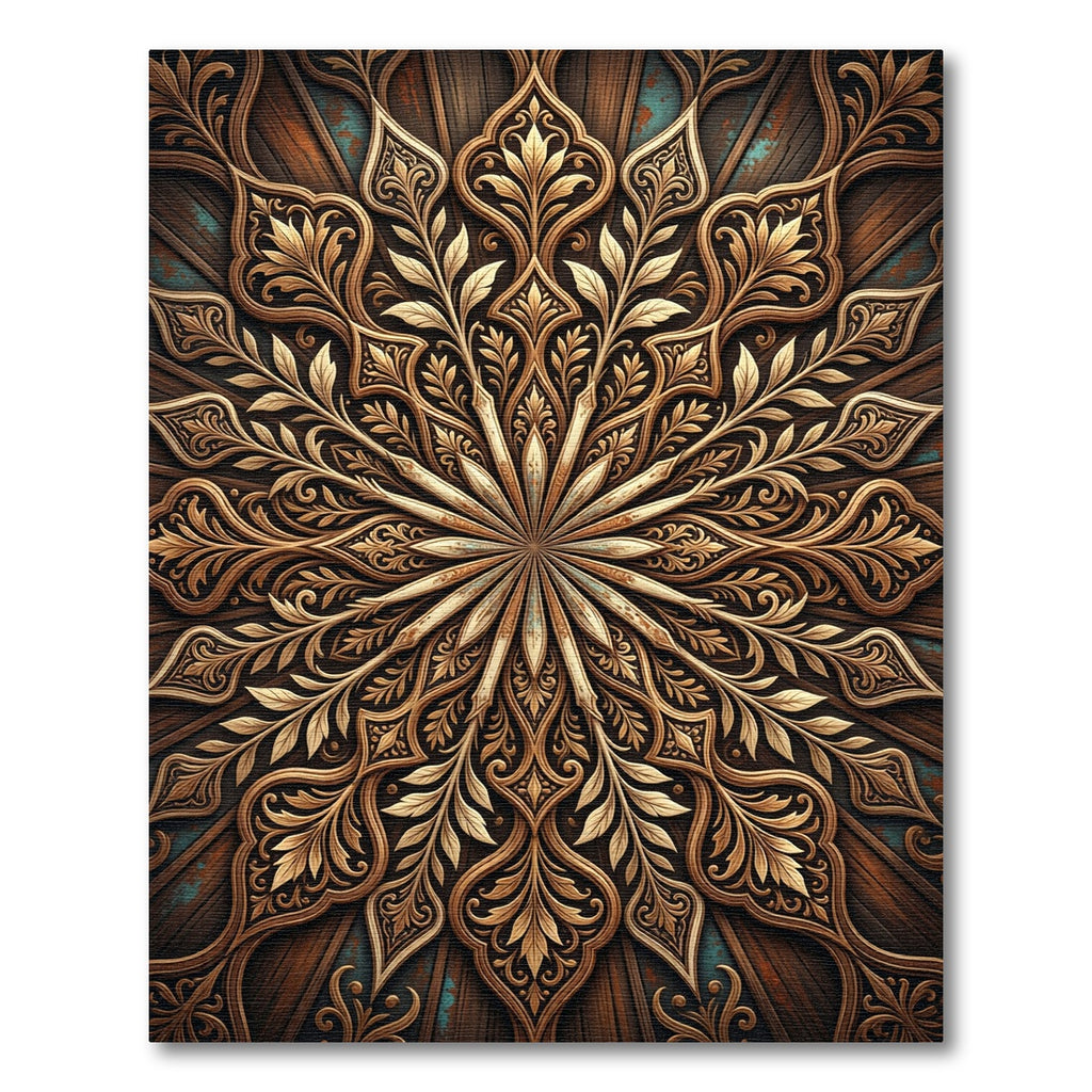 Ornate Golden Floral Radial Wood Texture Rug
